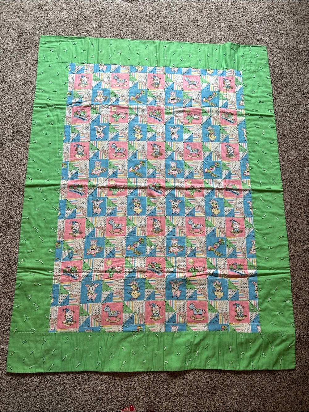 Vtg Baby Quilt Blanket 61.5" L  X 47" W Humpty Lamb Dog Train Doll Nursery Rhyme